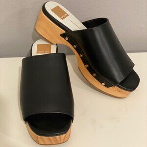 Dolce Vita Lukas Platform Sandal Black Leather + Natural Wood Size 6.5
